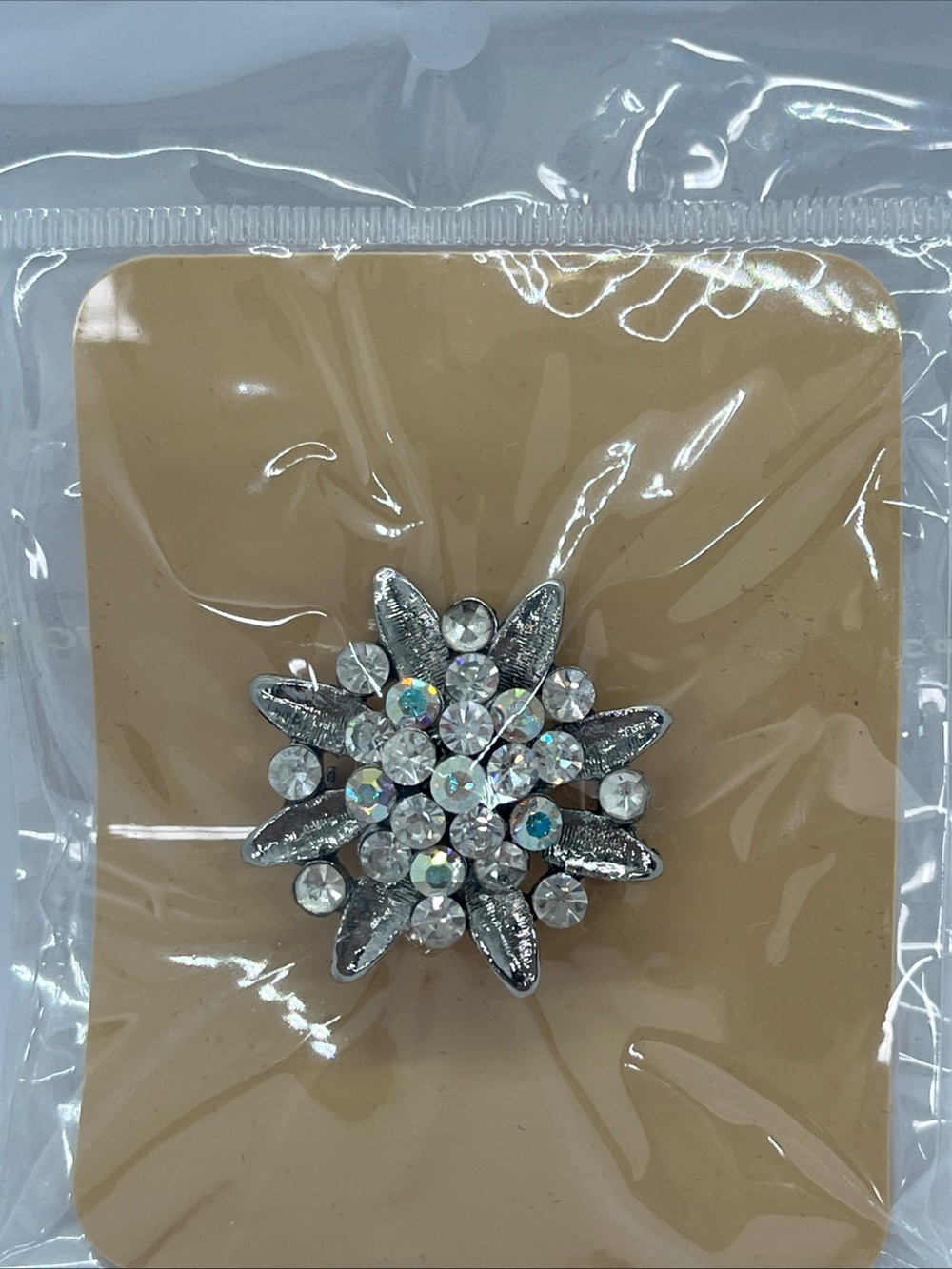Silver Tone Brooch Clear Rhinestones Floral Starburst 1 Inch
